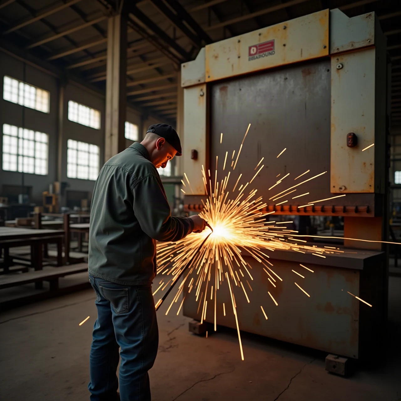 Sheet metal fabrication shop interior, a worker bending galvanized steel flashing on a large press brake, warm industrial light, photograph